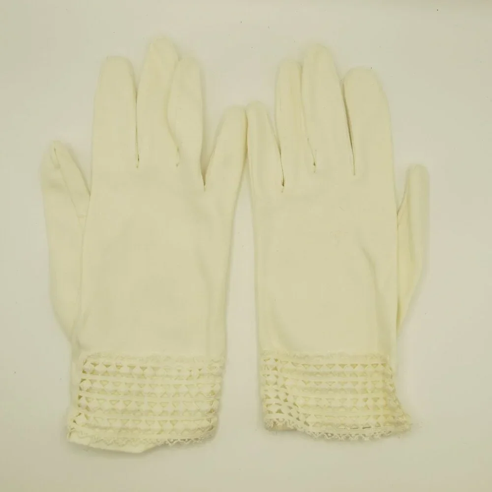 Ladies white nylon gloves with crochet detail at wrists – one size fits all